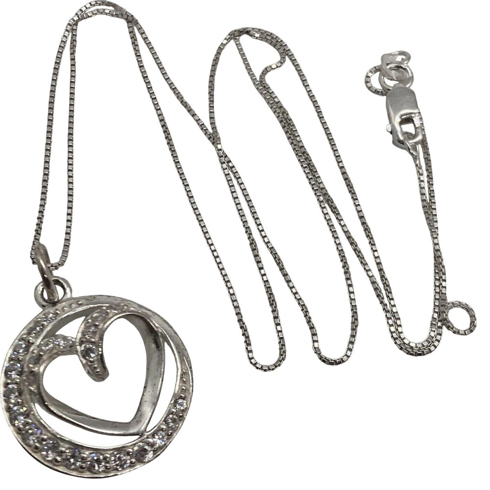 Open Heart Sisters Always CZ Pendant Sterling 925 Silver 18'' Necklace 4g Dainty